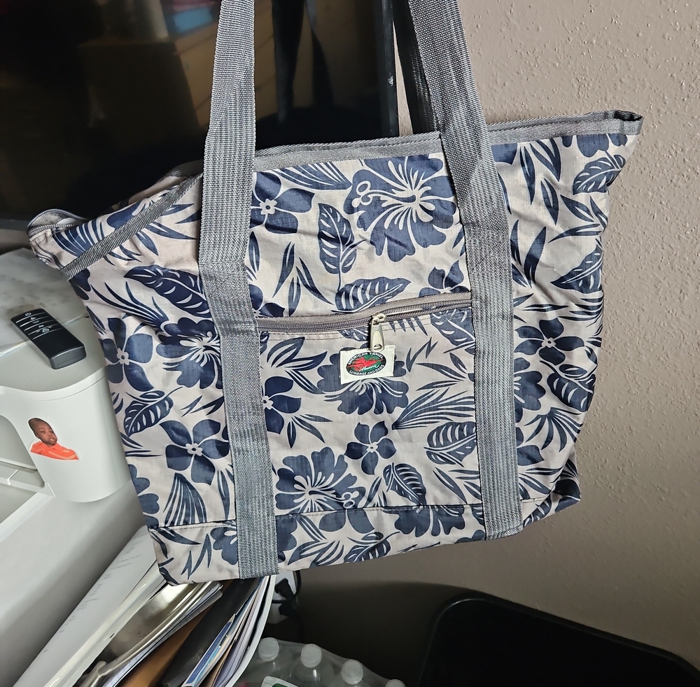 Floral Canvas Tote Bag in Blue and Grey